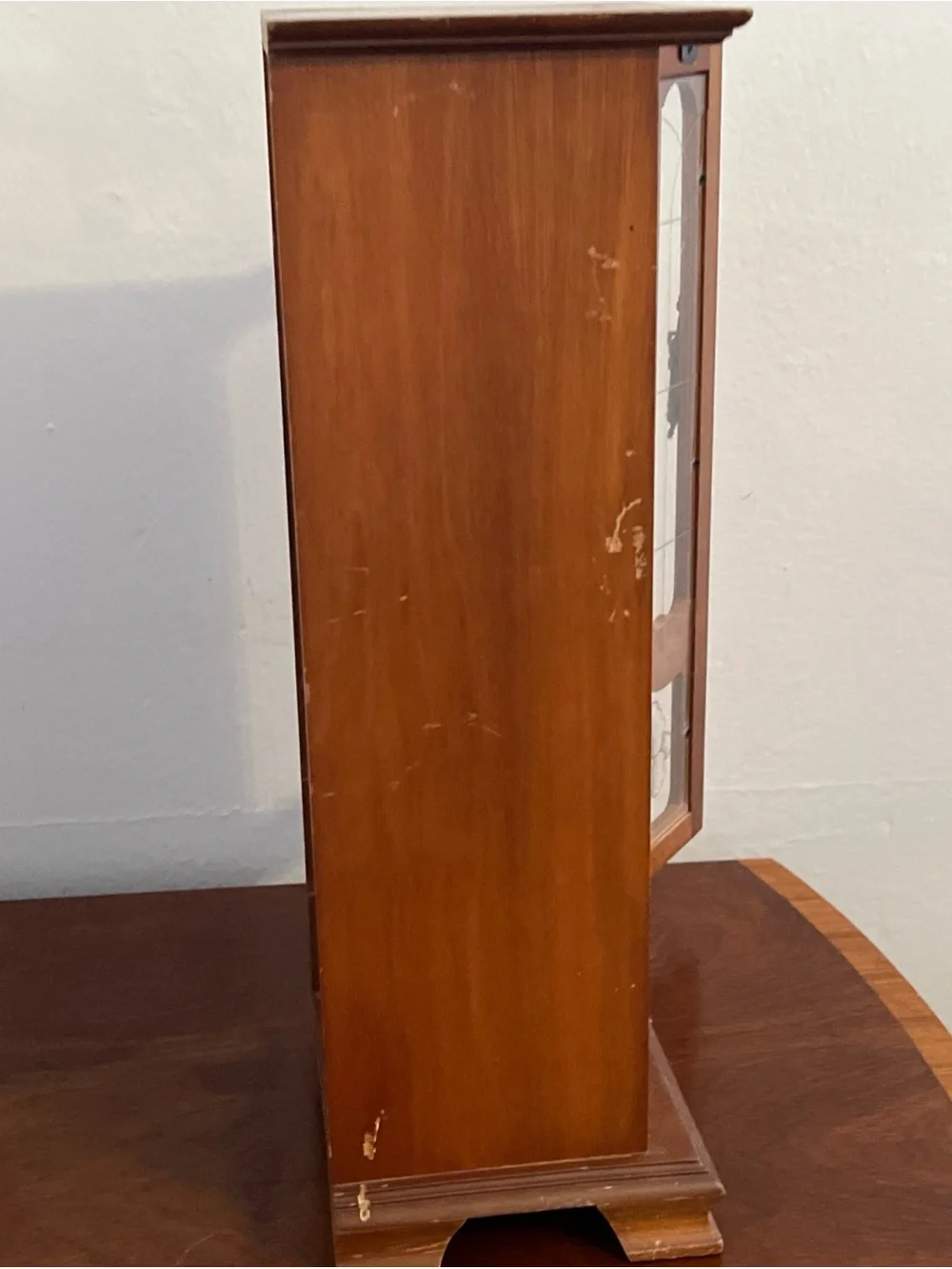 Vintage Tall Wooden Jewelry Armoire with Glass Front and Rose Detail
